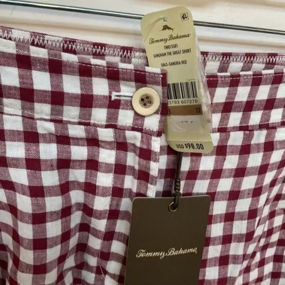 Tommy Bahama 100% Linen Shorts Gingham Red White Plaid Womens Size 12 Beach NWT