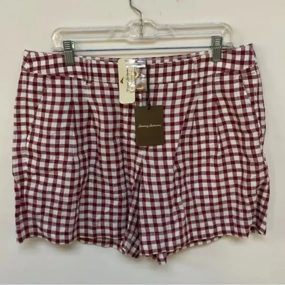 Tommy Bahama 100% Linen Shorts Gingham Red White Plaid Womens Size 12 Beach NWT