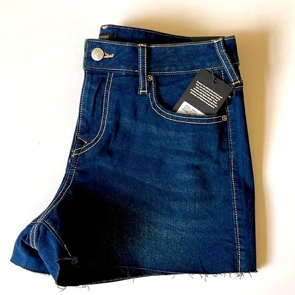True Religion, Women's Dark Blue Jennie Mid Rise Raw Hem Jean Shorts Sz 29