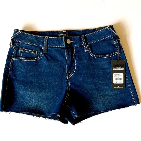 True Religion, Women's Dark Blue Jennie Mid Rise Raw Hem Jean Shorts Sz 29