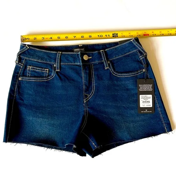 True Religion, Women's Dark Blue Jennie Mid Rise Raw Hem Jean Shorts Sz 29