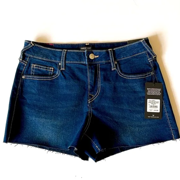 True Religion, Women's Dark Blue Jennie Mid Rise Raw Hem Jean Shorts Sz 29