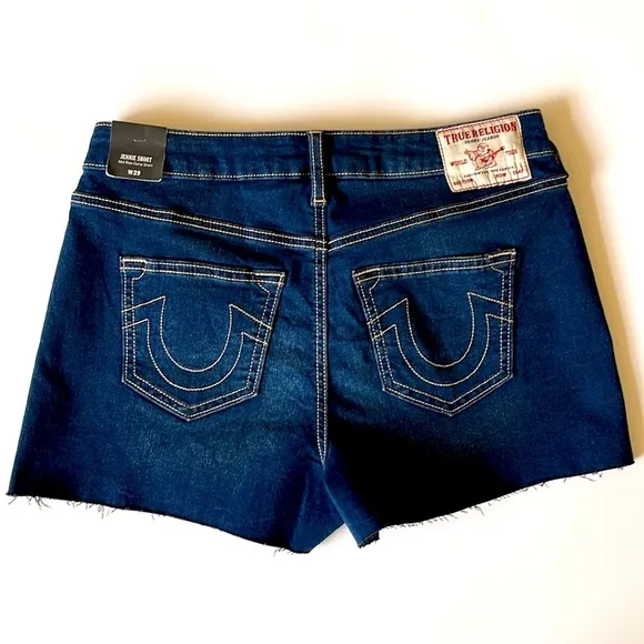 True Religion, Women's Dark Blue Jennie Mid Rise Raw Hem Jean Shorts Sz 29