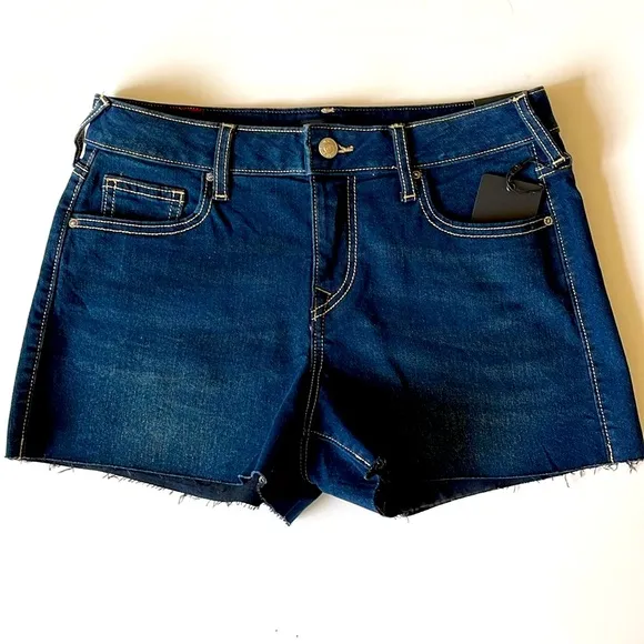 True Religion, Women's Dark Blue Jennie Mid Rise Raw Hem Jean Shorts Sz 29