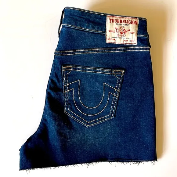 True Religion, Women's Dark Blue Jennie Mid Rise Raw Hem Jean Shorts Sz 29