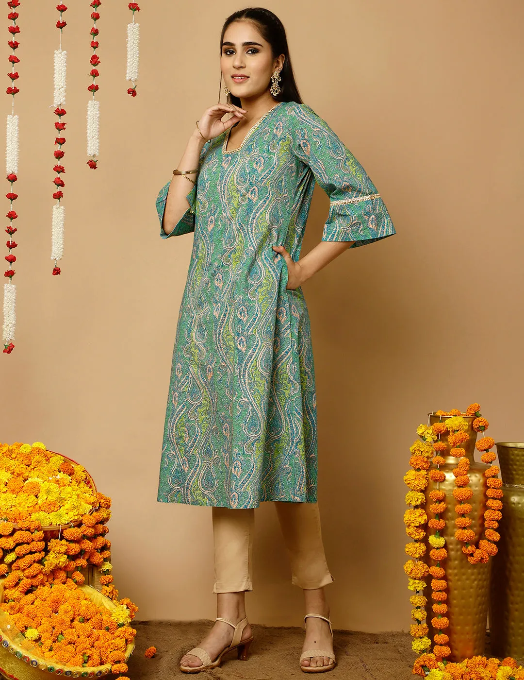 Turquoise Blue Paisley Print Pakistani Kurta