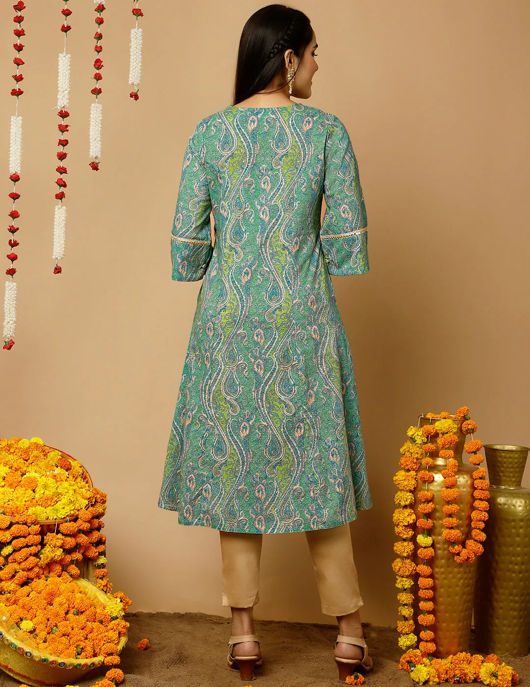 Turquoise Blue Paisley Print Pakistani Kurta