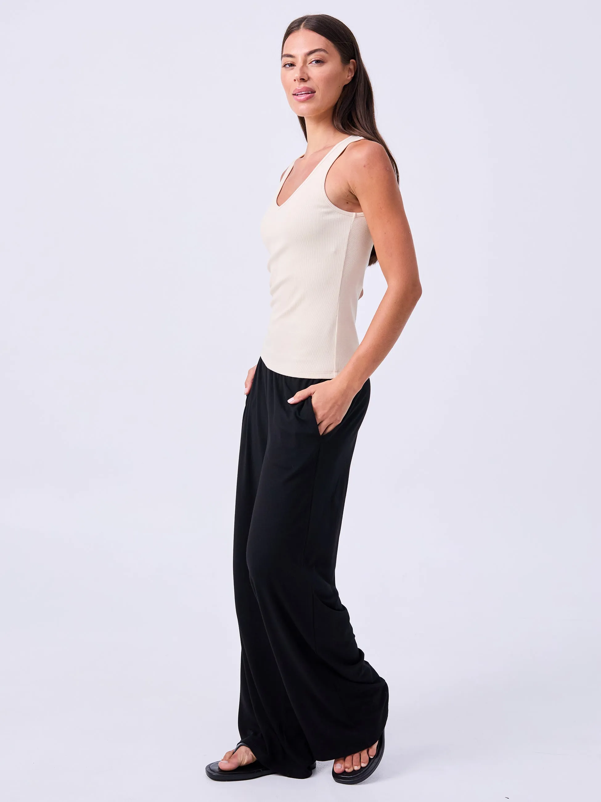 V neck Rib Tank - Chalk