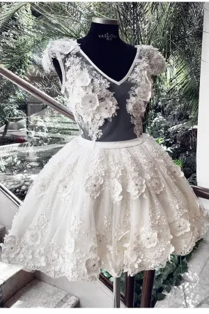 V-neckline Short Informal Bride Dress with Lace Flowers Skirt