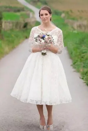 Vintage 3/4 Illusion Lace Sleeve 1950s Tea-Length Wedding Dress-715719
