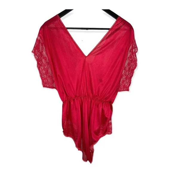 Vintage 70s Texsheen Lipstick Red Lace Negligee Romper Small