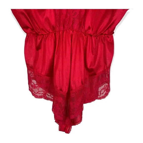 Vintage 70s Texsheen Lipstick Red Lace Negligee Romper Small