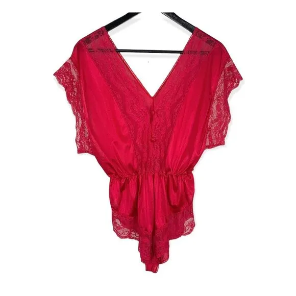 Vintage 70s Texsheen Lipstick Red Lace Negligee Romper Small