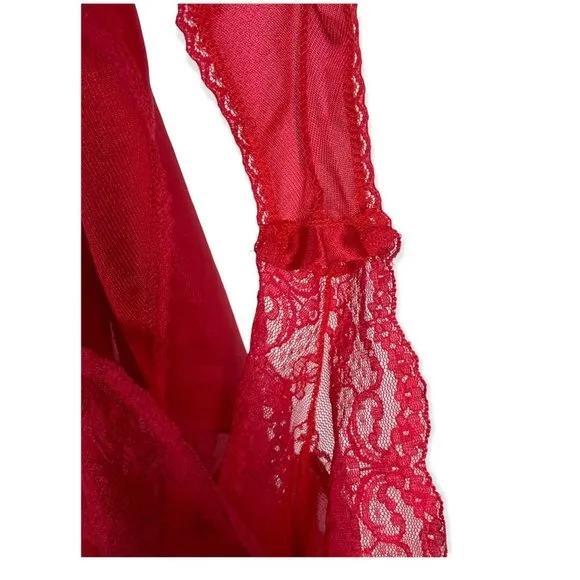 Vintage 70s Texsheen Lipstick Red Lace Negligee Romper Small