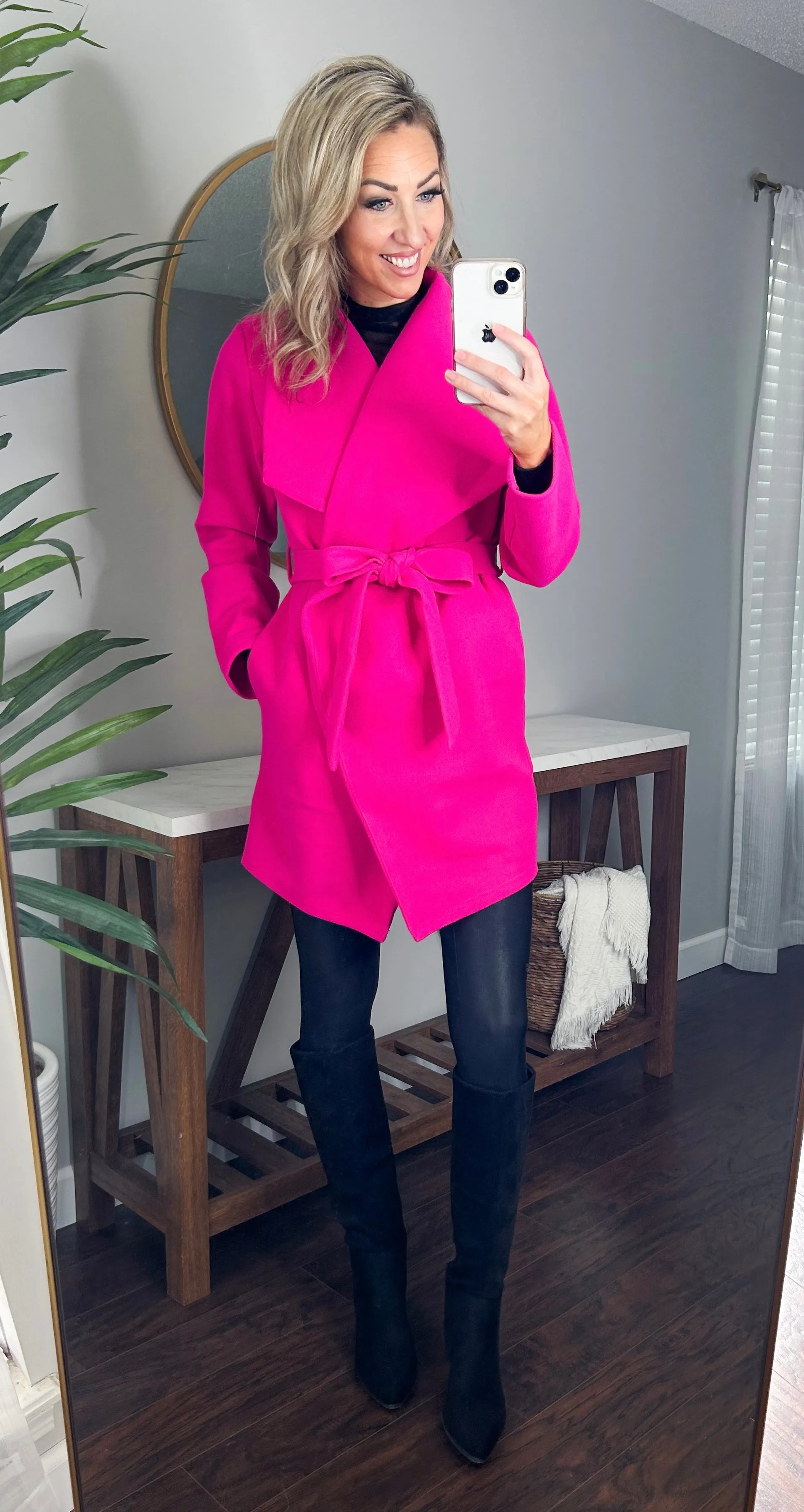 Vivi Open front Waist Tie Wrap Coat (Hot Pink)
