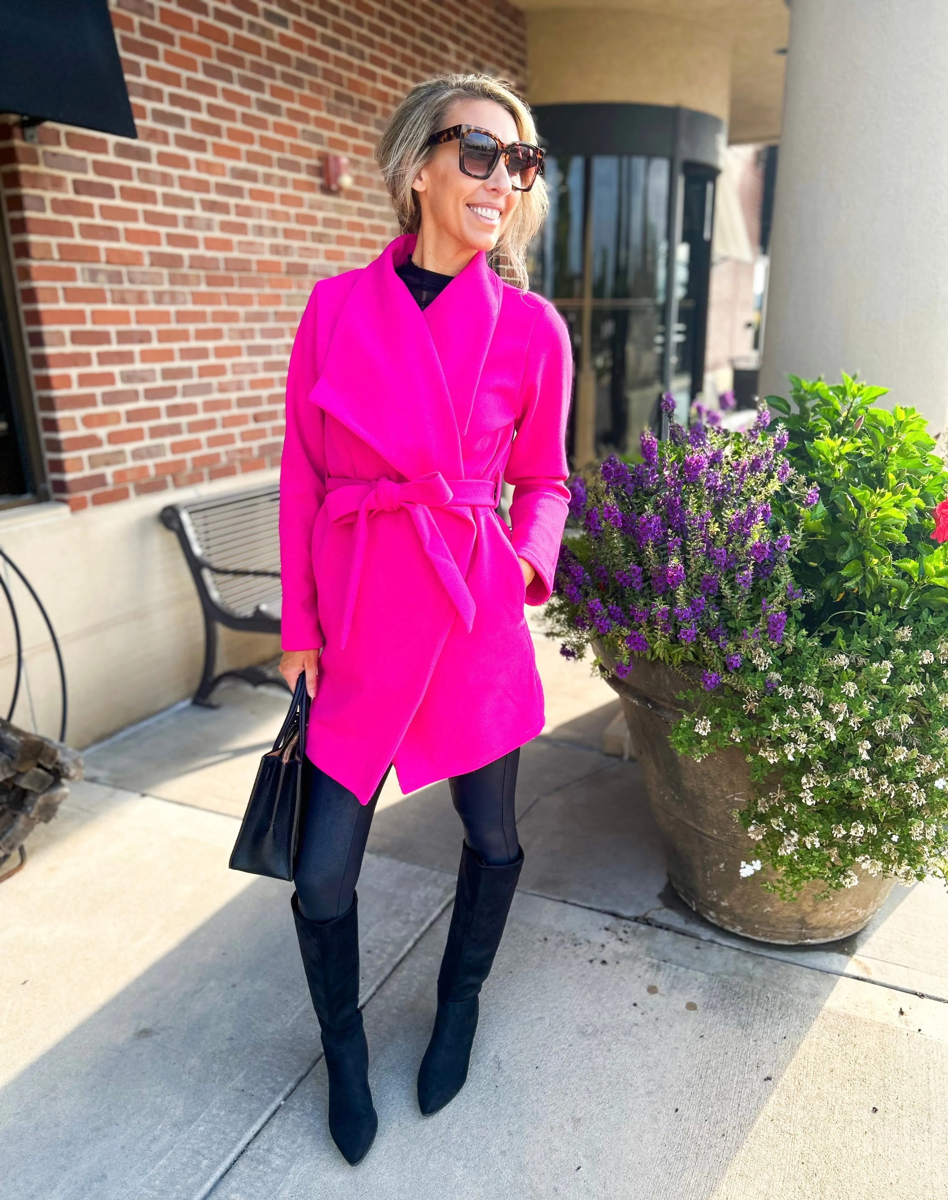 Vivi Open front Waist Tie Wrap Coat (Hot Pink)