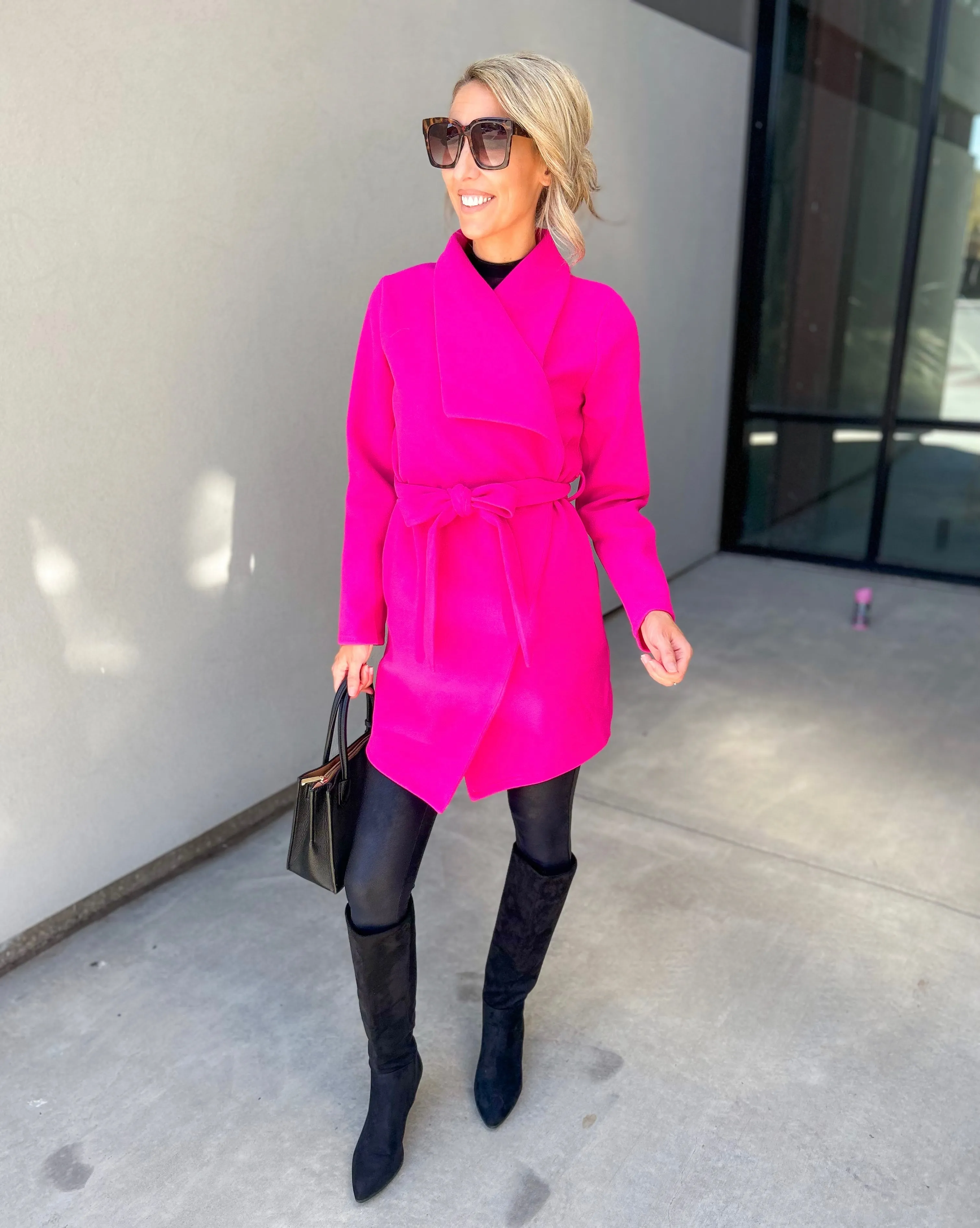 Vivi Open front Waist Tie Wrap Coat (Hot Pink)