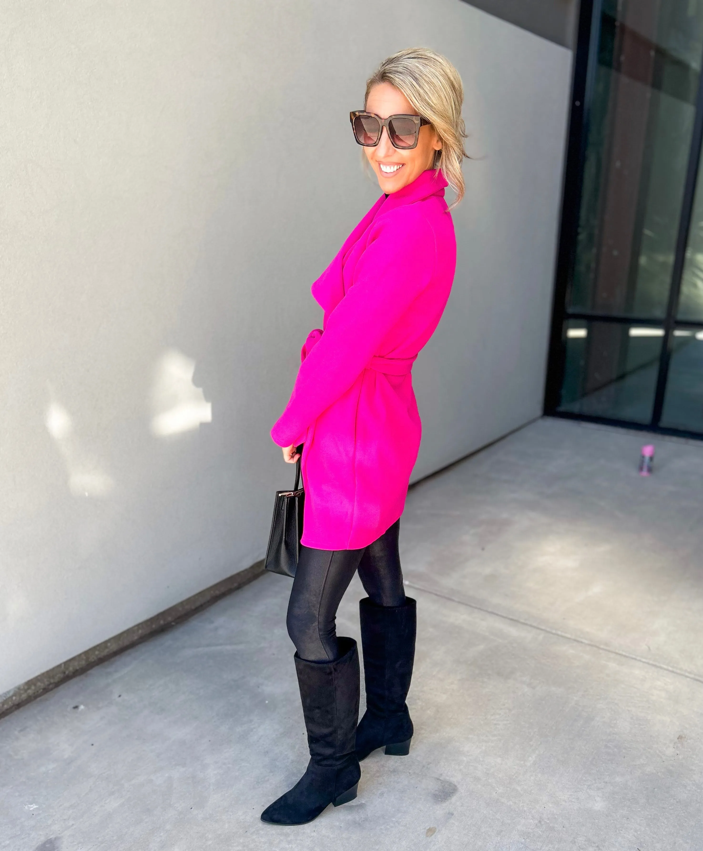 Vivi Open front Waist Tie Wrap Coat (Hot Pink)