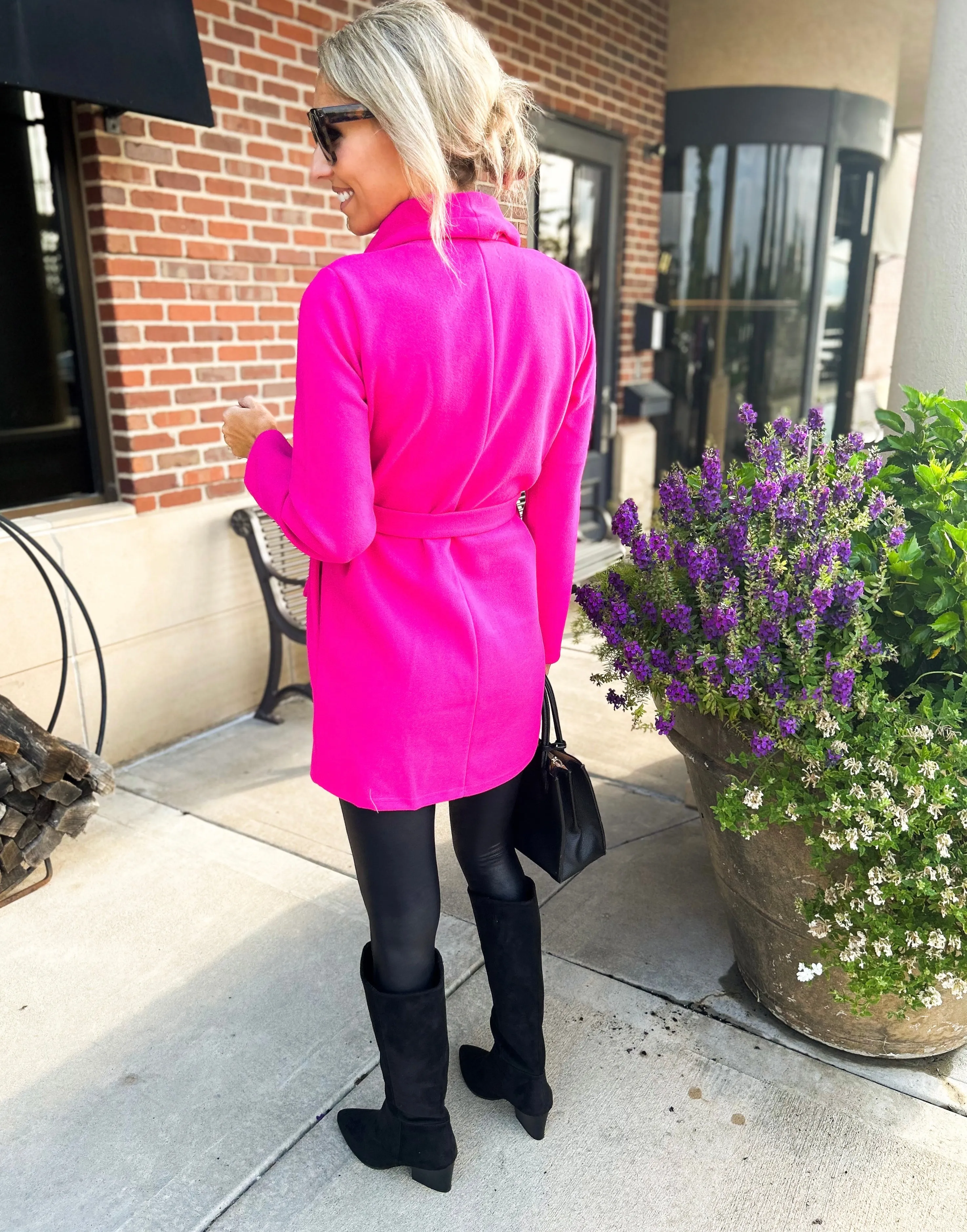 Vivi Open front Waist Tie Wrap Coat (Hot Pink)