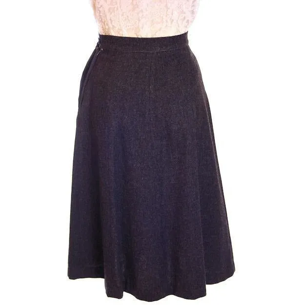VTG 1940s Skirt Charcoal Grey Wool A-Line Arrow  Applique Waist 25 S Johnnye Jr