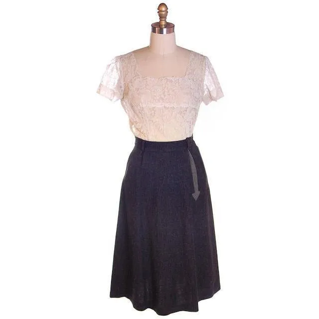 VTG 1940s Skirt Charcoal Grey Wool A-Line Arrow  Applique Waist 25 S Johnnye Jr