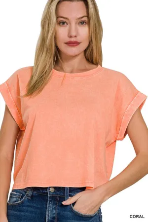 WASHED COTTON CUFFED SHORT SLEEVE TOP