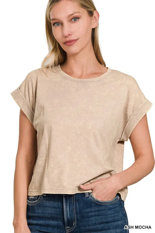 WASHED COTTON CUFFED SHORT SLEEVE TOP