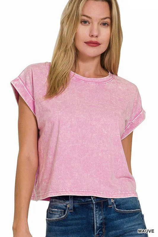 WASHED COTTON CUFFED SHORT SLEEVE TOP