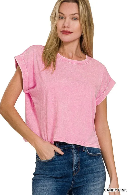 WASHED COTTON CUFFED SHORT SLEEVE TOP
