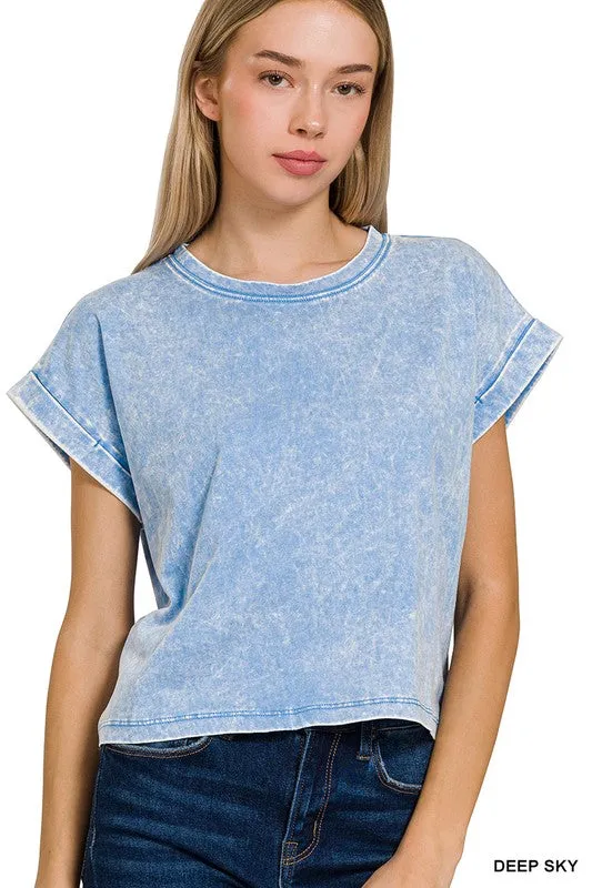 WASHED COTTON CUFFED SHORT SLEEVE TOP