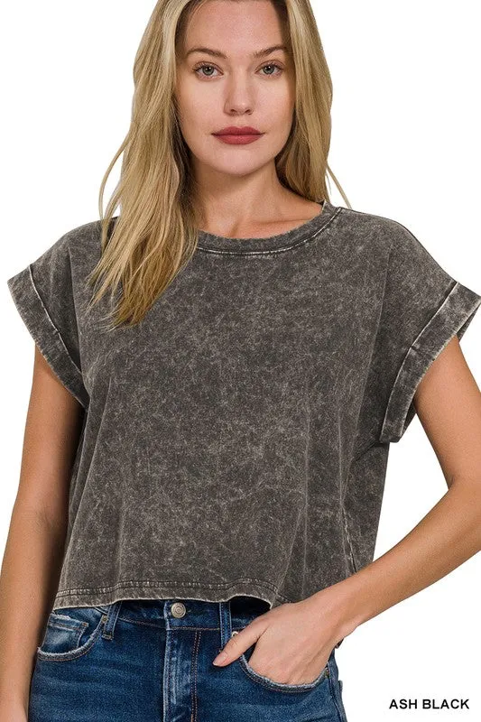 WASHED COTTON CUFFED SHORT SLEEVE TOP
