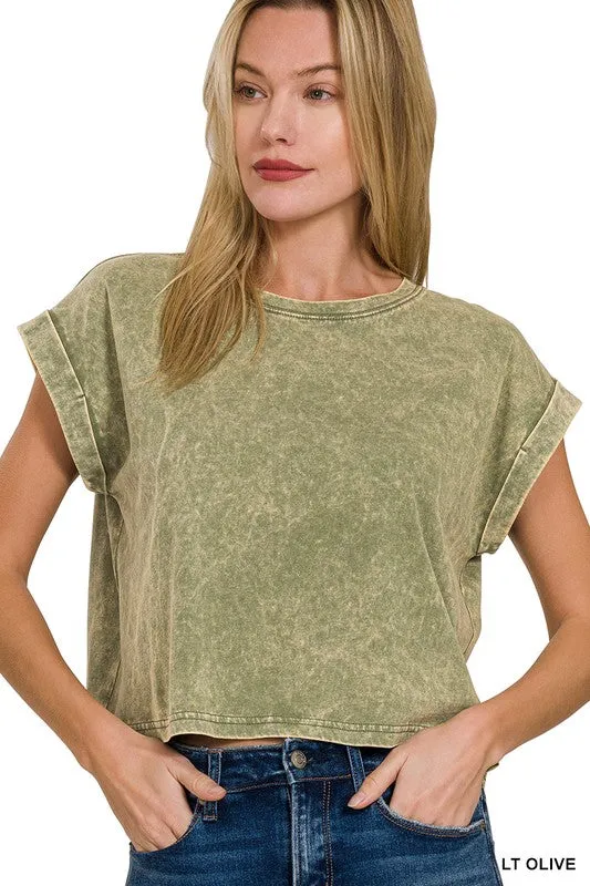 WASHED COTTON CUFFED SHORT SLEEVE TOP
