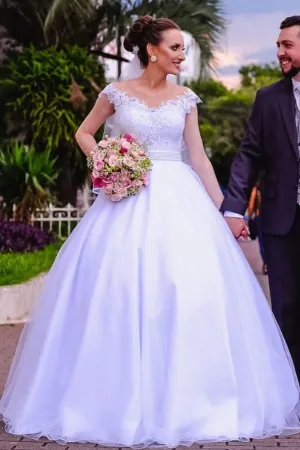 White Lace Outdoor Wedding Dresses Capped Sleeves A-line