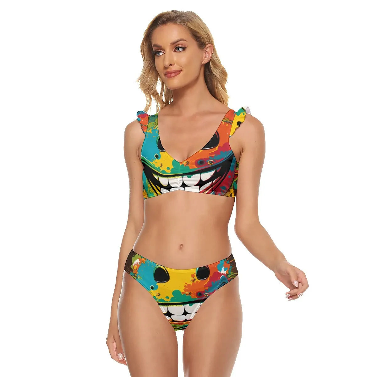 Why So Serious - All-Over Print Women's Bikini Swimsuit With Ruffle Cuff Bra