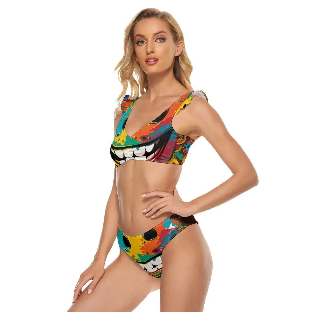 Why So Serious - All-Over Print Women's Bikini Swimsuit With Ruffle Cuff Bra