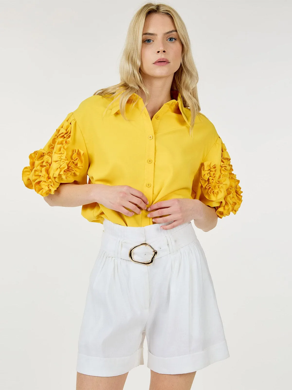 WOMEN'S BUTTON CLOSURE FRONT POCKETS BELTED SHORTS