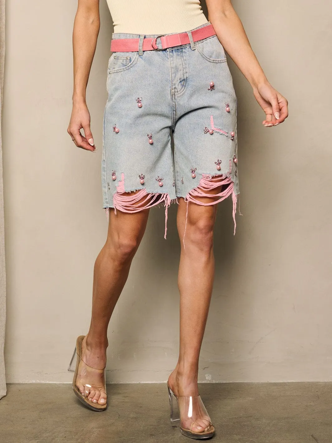 WOMEN'S HIGH WAIST SELF TIE POCKETS MULTI DETAILED DENIM SHORTS