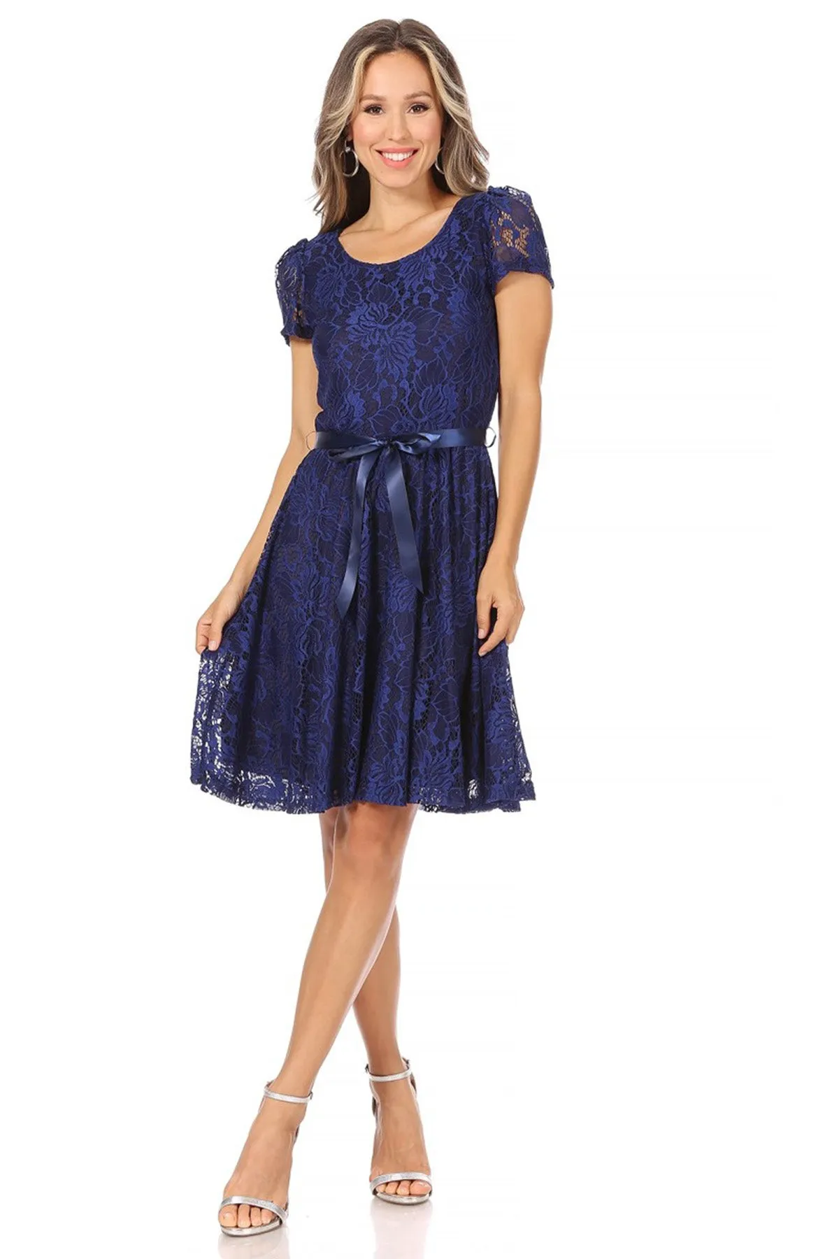 Women's Lace Short Sleeve A-Line Midi Dress