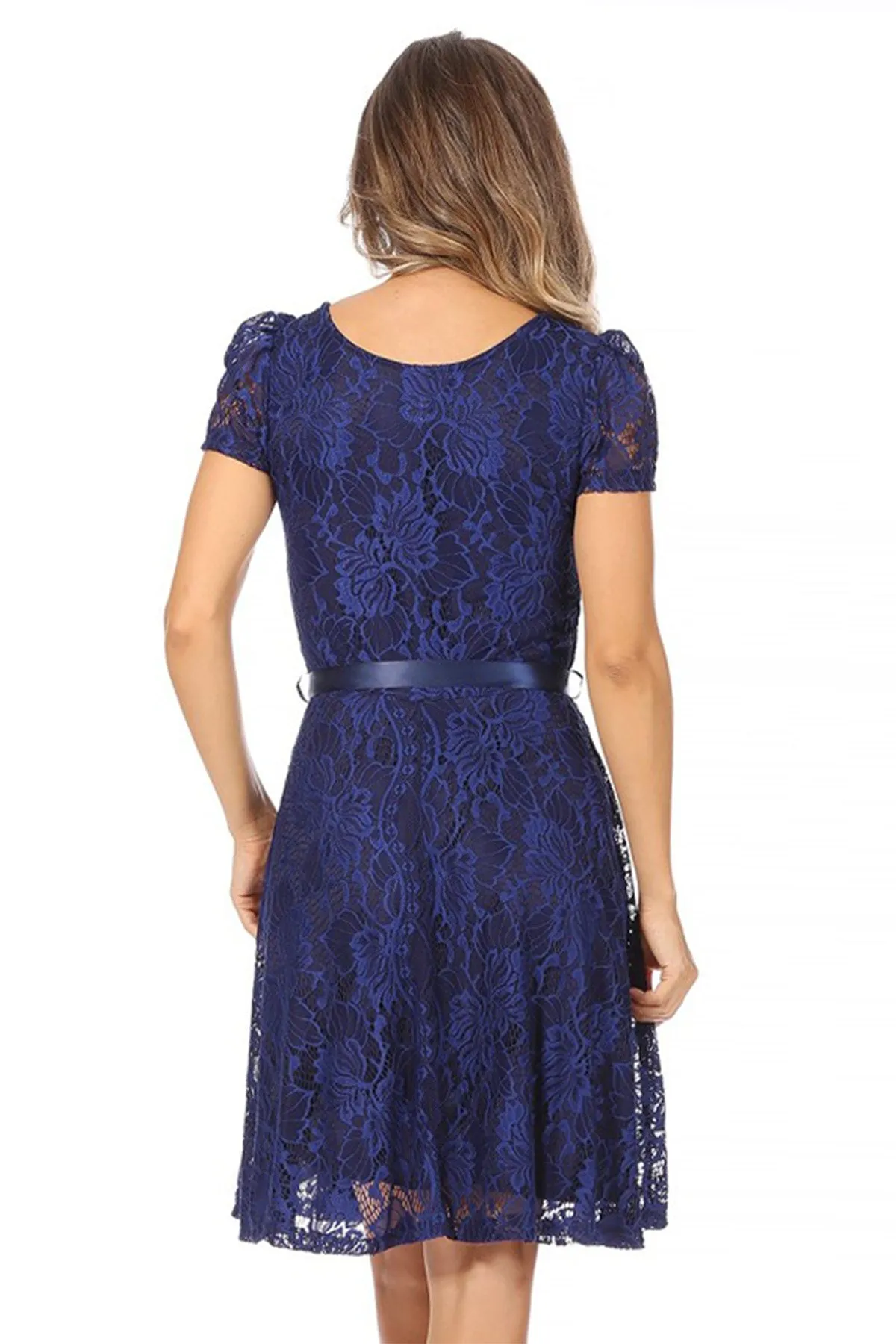 Women's Lace Short Sleeve A-Line Midi Dress