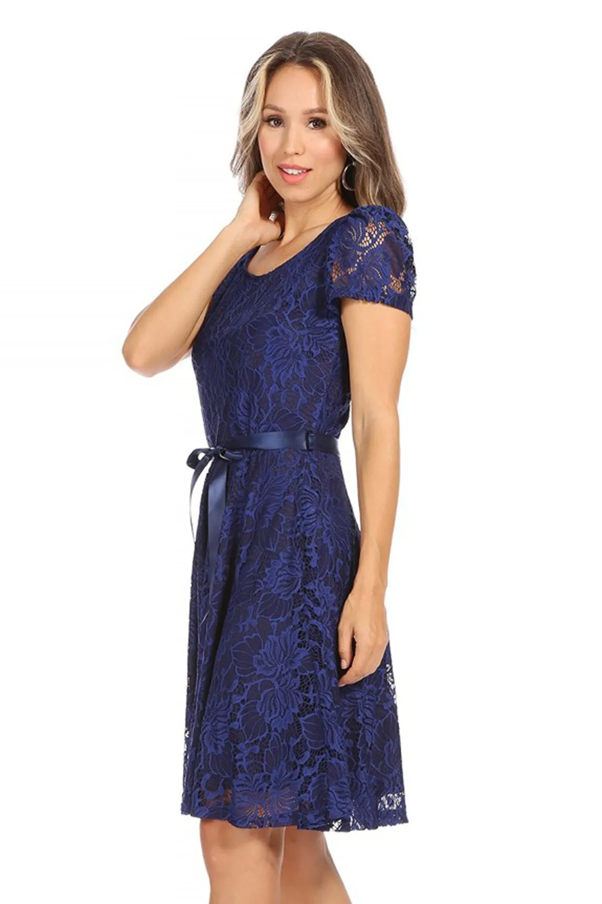 Women's Lace Short Sleeve A-Line Midi Dress