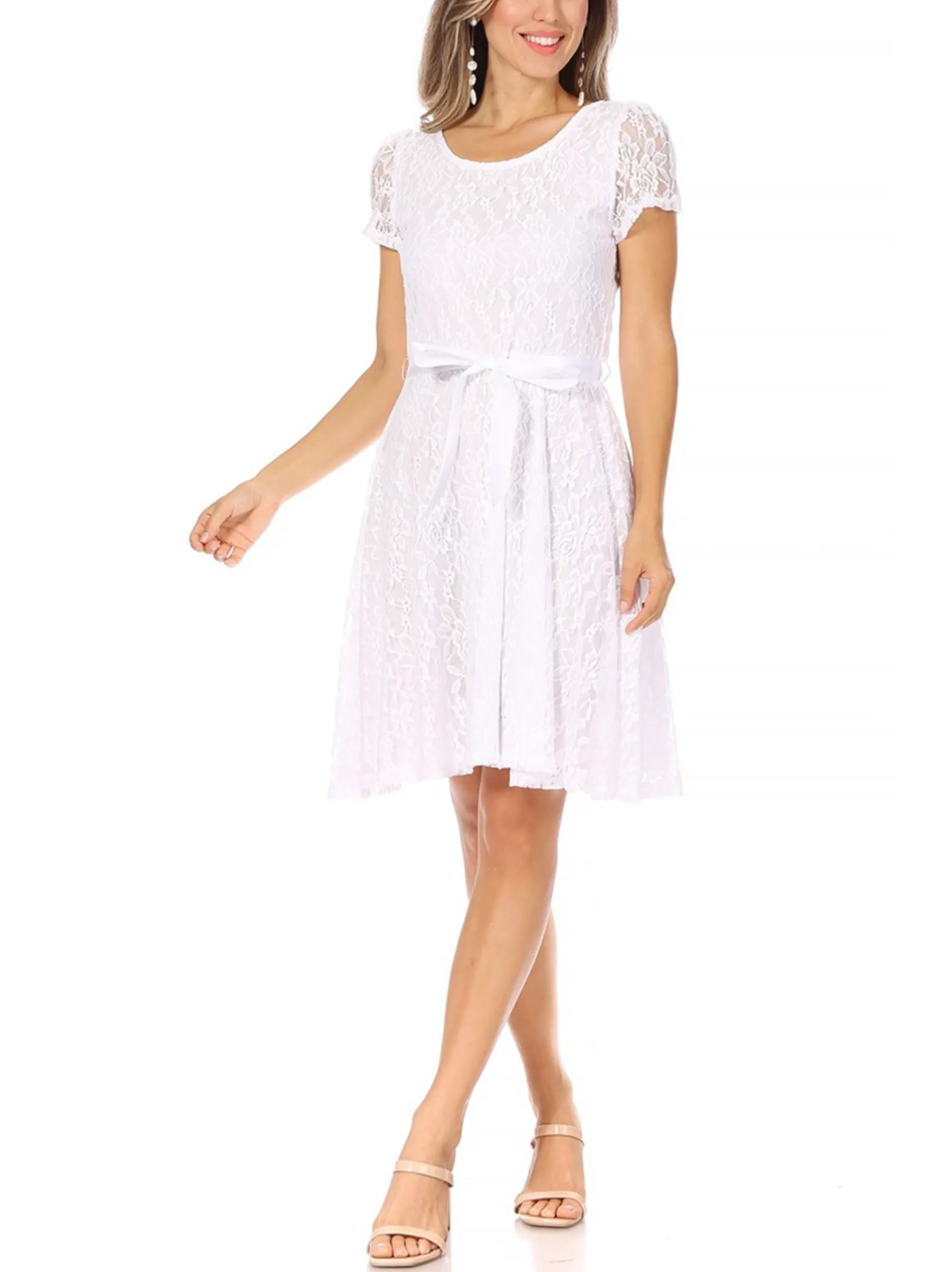 Women's Lace Short Sleeve A-Line Midi Dress