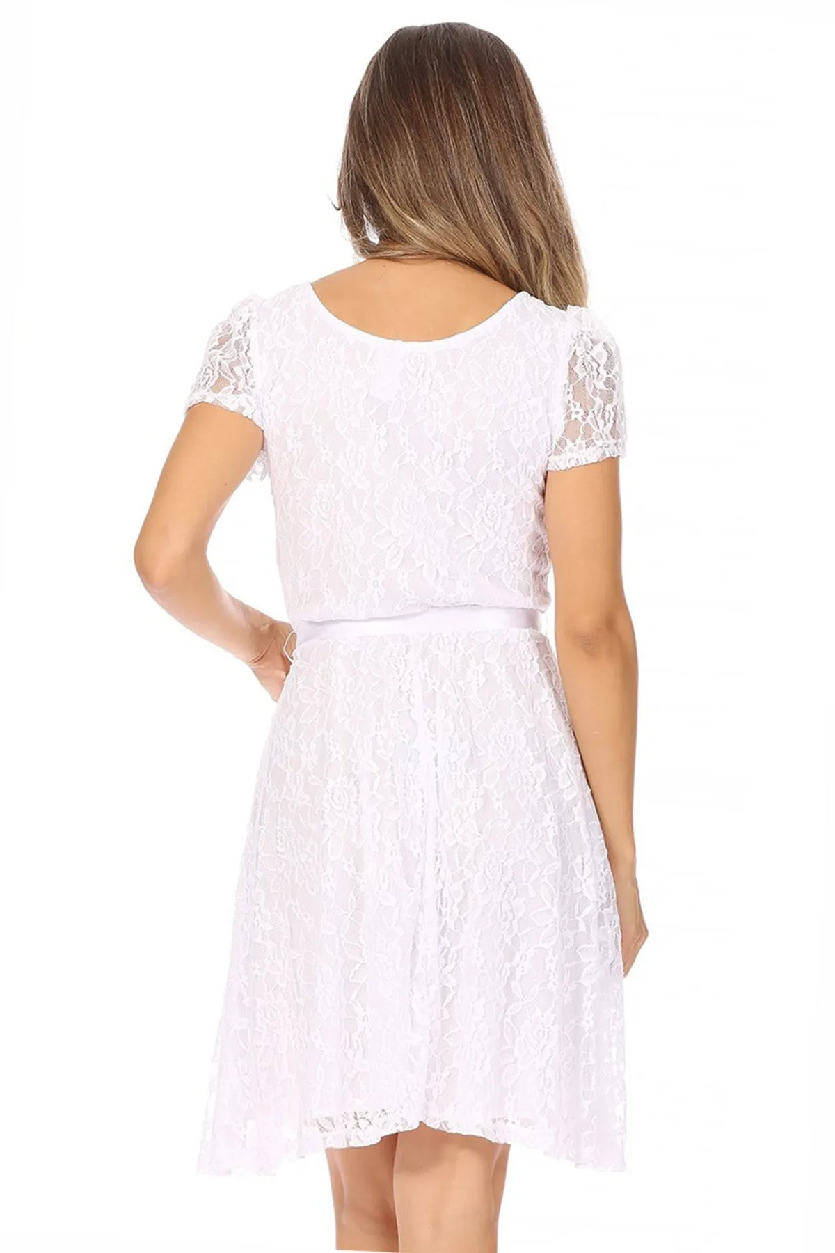 Women's Lace Short Sleeve A-Line Midi Dress