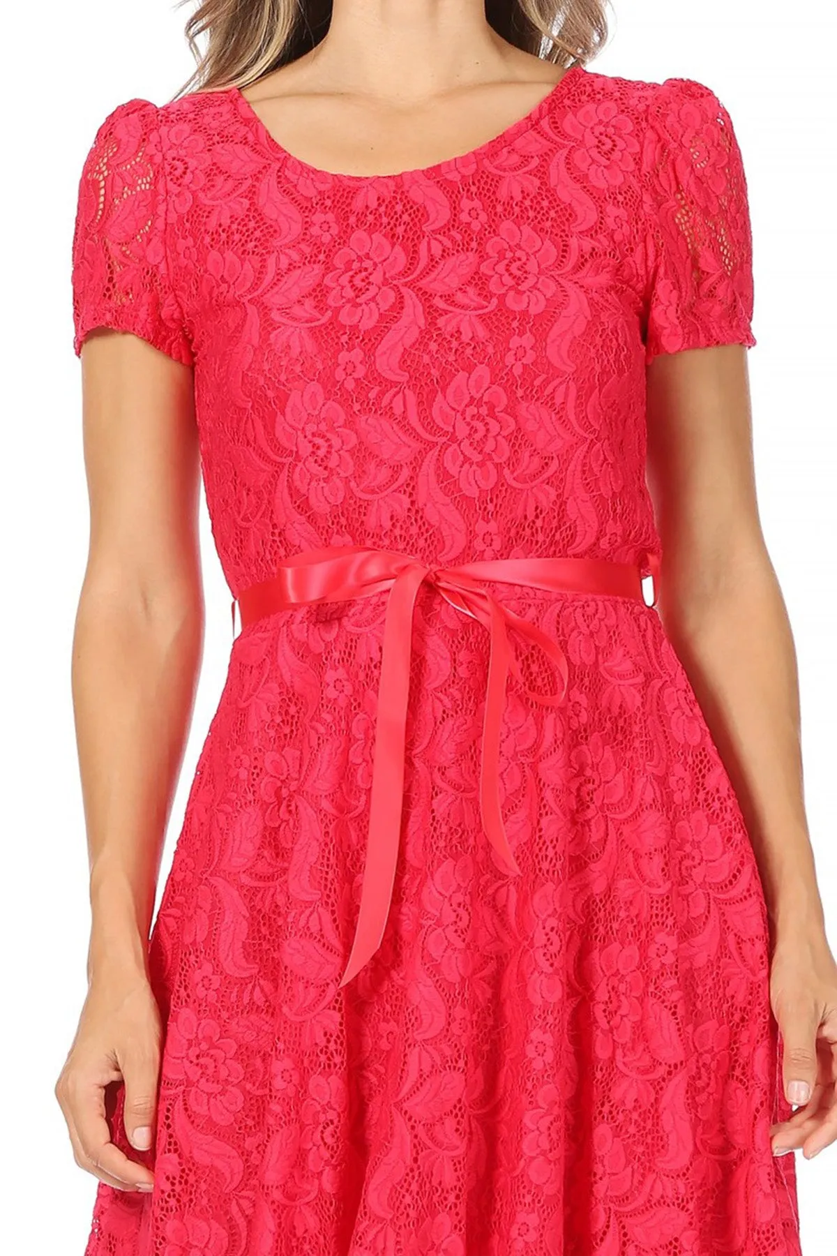 Women's Lace Short Sleeve A-Line Midi Dress