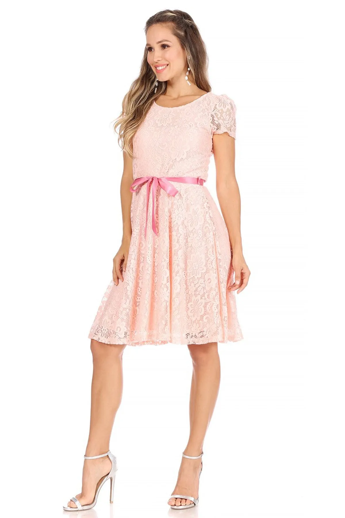 Women's Lace Short Sleeve A-Line Midi Dress