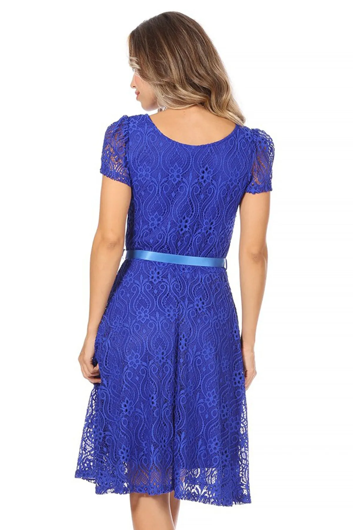 Women's Lace Short Sleeve A-Line Midi Dress