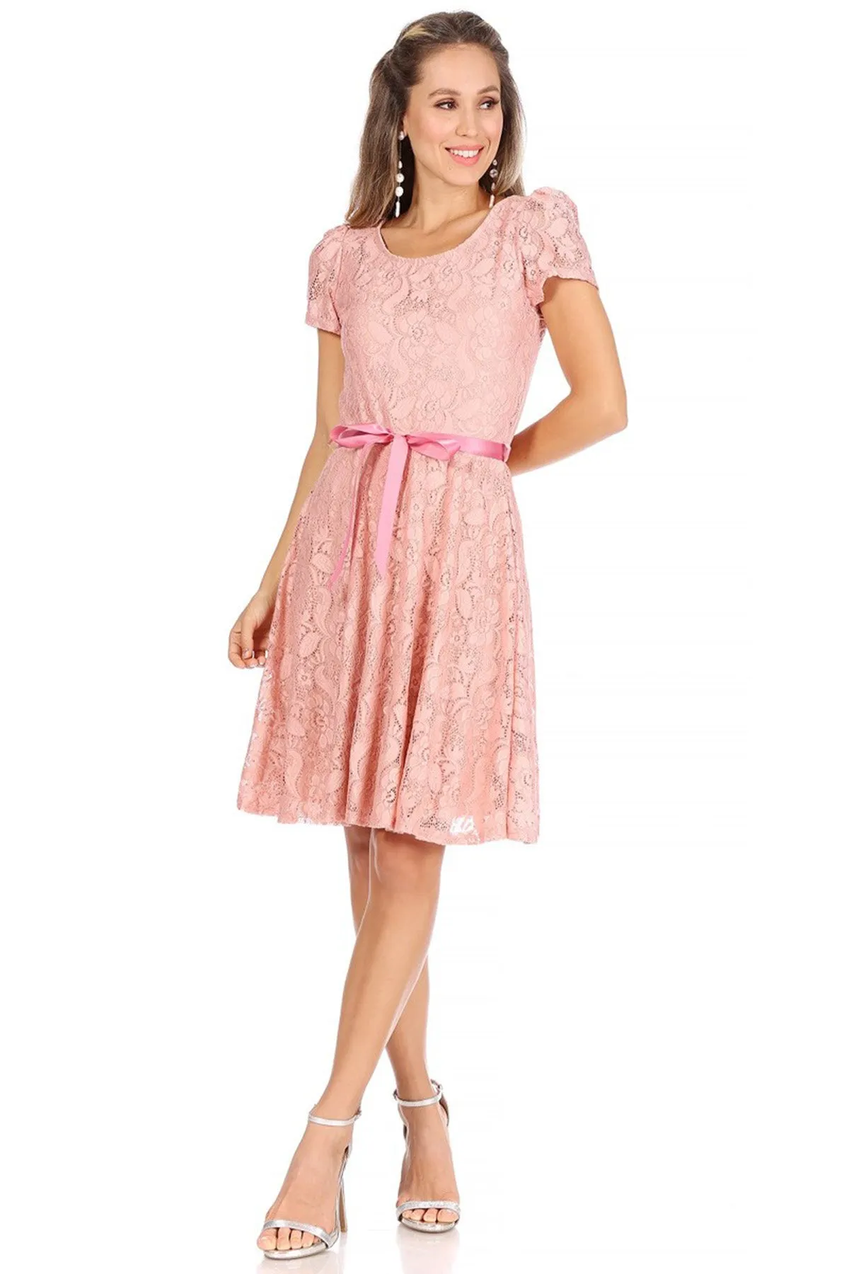 Women's Lace Short Sleeve A-Line Midi Dress