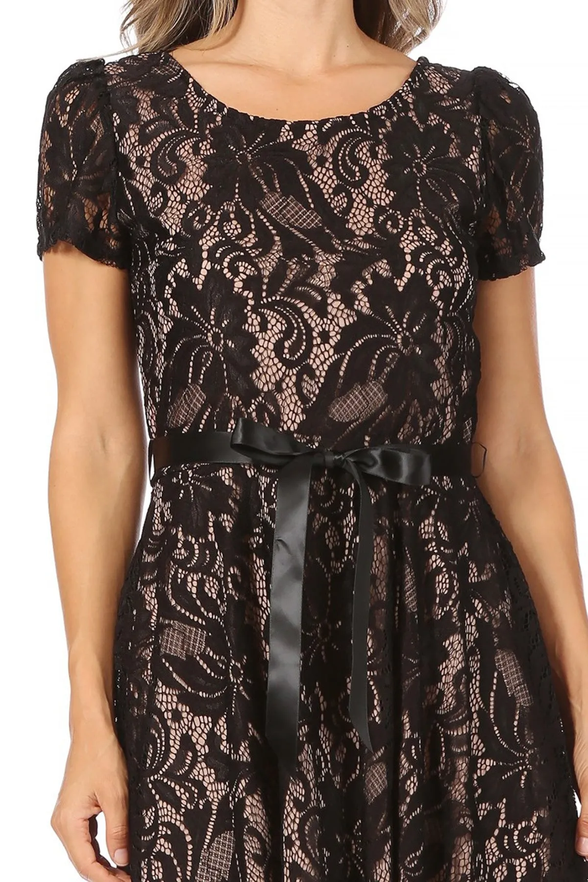 Women's Lace Short Sleeve A-Line Midi Dress