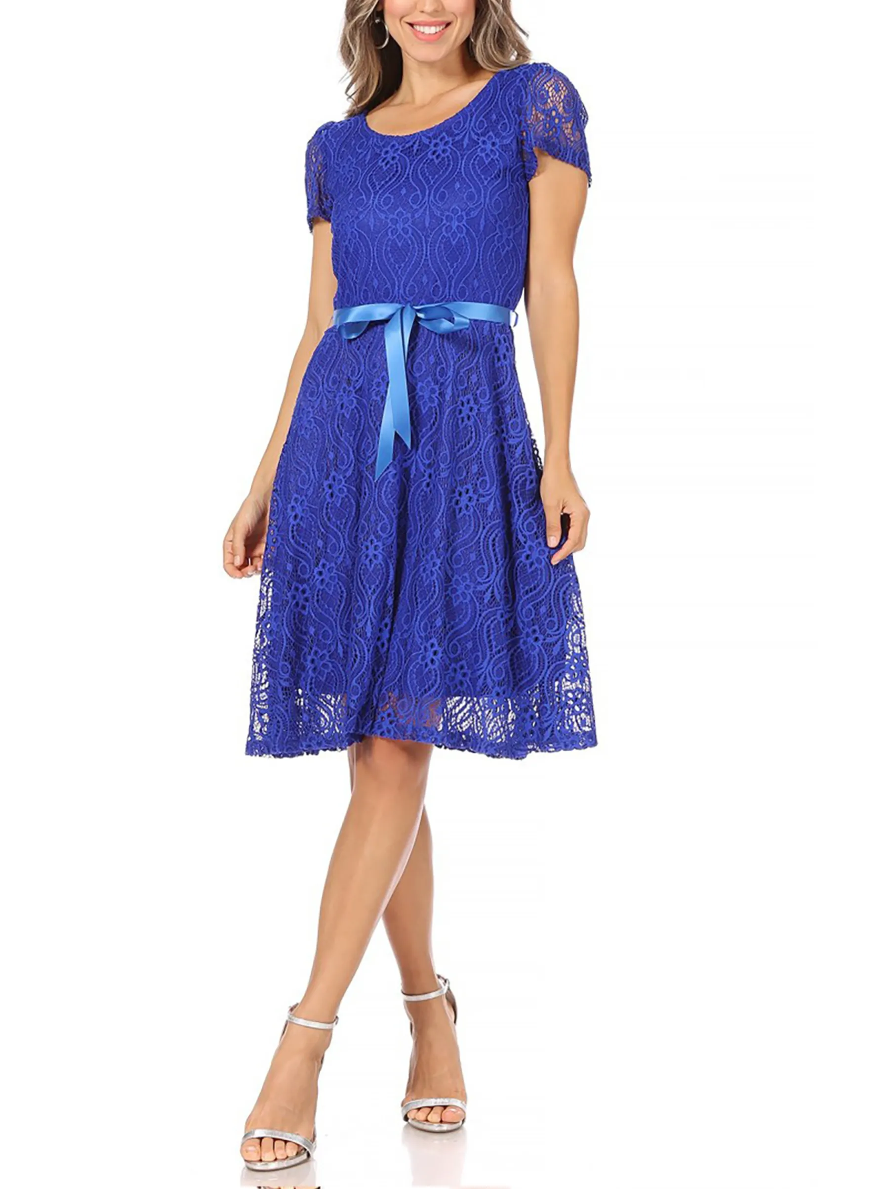 Women's Lace Short Sleeve A-Line Midi Dress