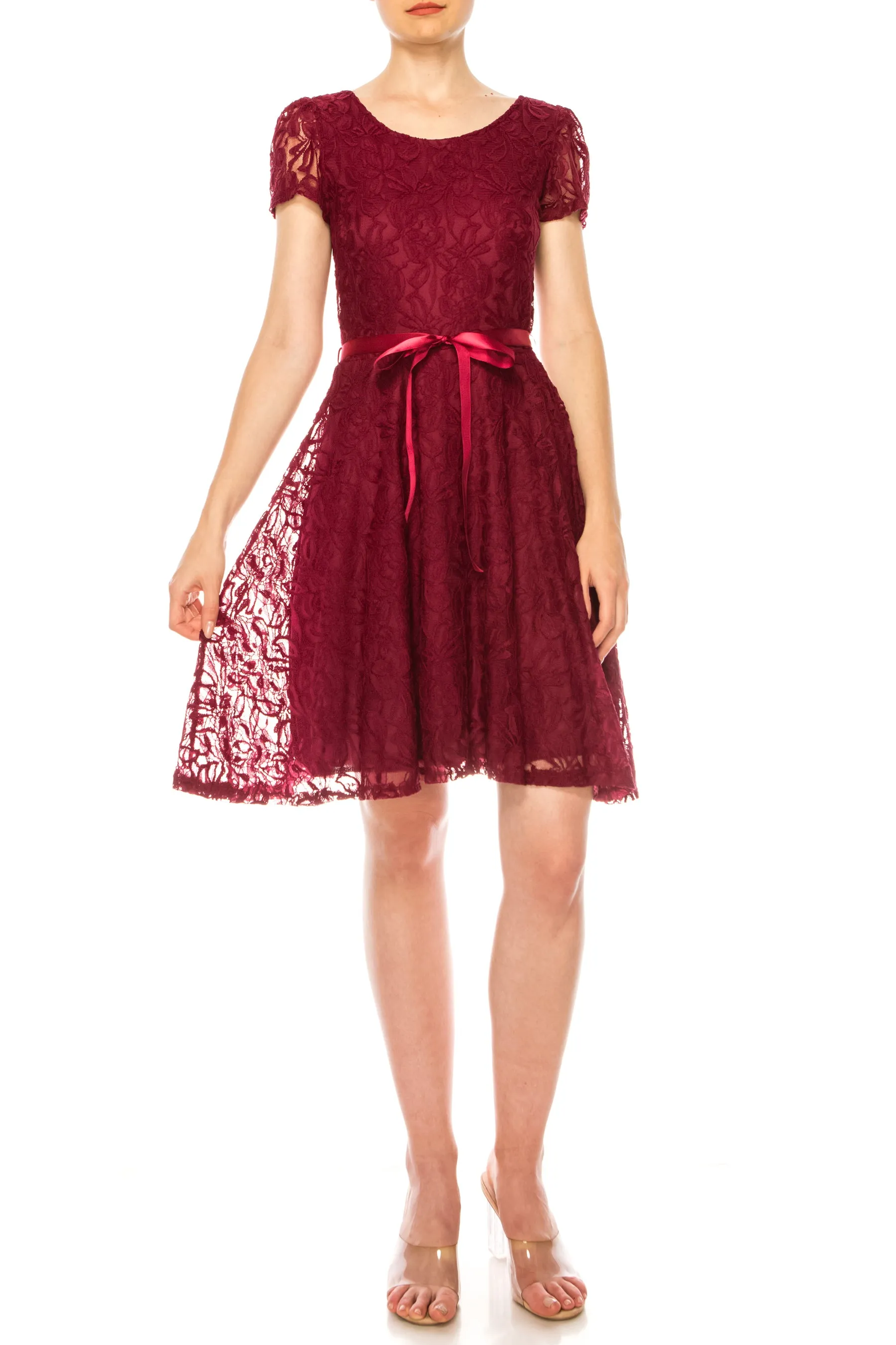 Women's Lace Short Sleeve A-Line Midi Dress