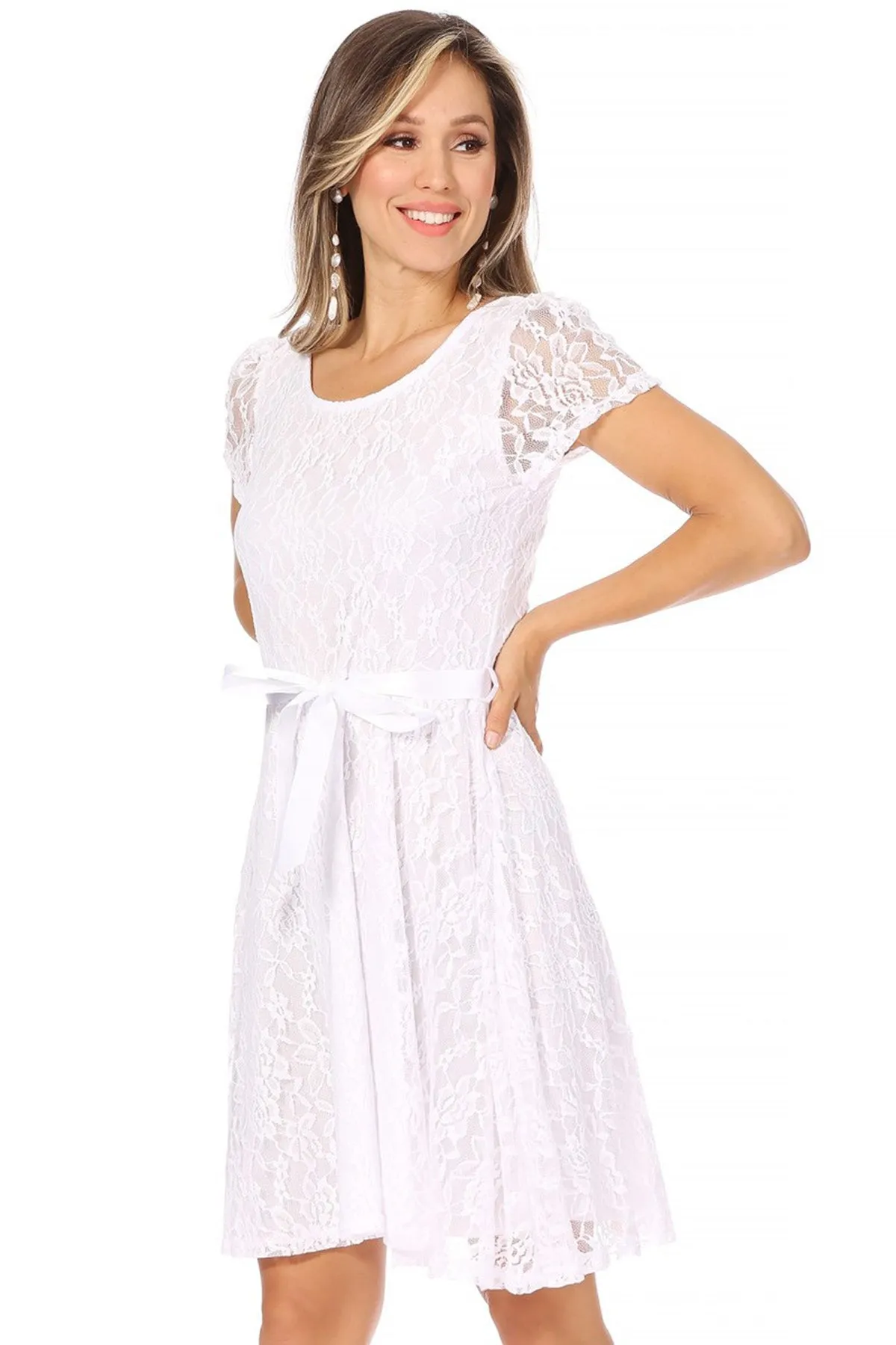 Women's Lace Short Sleeve A-Line Midi Dress